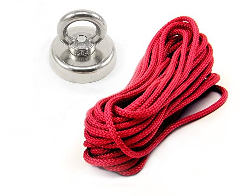 Neodymium Clamping Magnet with M8 Eyebolt and 10 Metre Rope for Treasure Hunting, Recovery, Retrieval and Magnet Fishing - 48mm dia - 90kg Pull