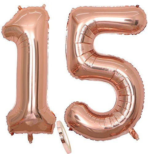 2 Luftballons Zahl 15, Nummer 15 Luftballon Rosegold Mädchen,40 Aufblasbar Helium Folienballon Roségold Ballons Figuren,Riesen ballon für Geburtstag Party Dekoration, Abschlussball (xxxl 100cm)