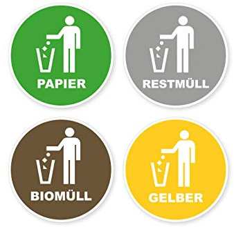Aufkleber Recycling Mülltrennung Bio Altpapier Gelbe Tonne Restmüll Hinweis Schild Vinyl Sticker Wetterfest