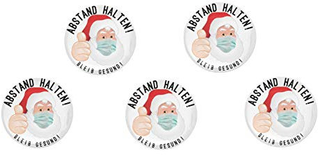 Button Anstecker Weihnachtsmann Set Corona Abstand halten! Nikolaus 59mm. Weihnachtsmarkt Glühweinstand 2G 3G (5 Stück)