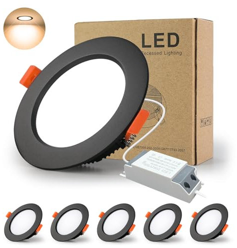 BAGZY Einbaustrahler Schwarz LED Spots Ultra Flach 12W 230V IP44, 1000 Lumen 5er Set Warmweiß 3000K Ausschnitt 110-130mm, CRI 80,Einbauleuchten Decken Spot,für Schlafzimmer Badezimmer Wohnzimmer