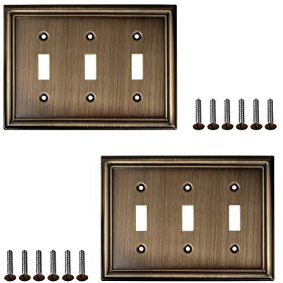 SleekLighting | Wall Plates Decorative Beveled Antique Brass | Electric Outlet Cover Plates, Light Switch Cover Plates, Faceplate | Style: 3 Gang Toggle (2 Pack)
