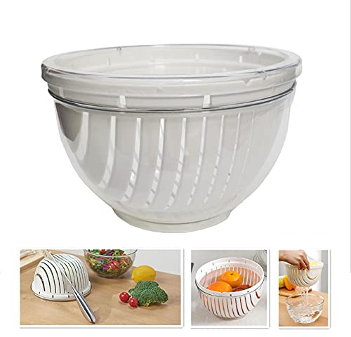Fantes Easy Obst- und Gemüse-Salatschneider-Schüssel, multifunktionales Küchensieb, doppellagig, drehbar (groß – transparent + weiß)