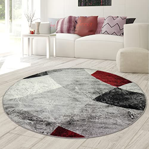 Moderner Wohnzimmer Teppich abstraktes Wellen Rauten Design marmoriert in rot grau - pflegeleicht Größe 200 cm rund