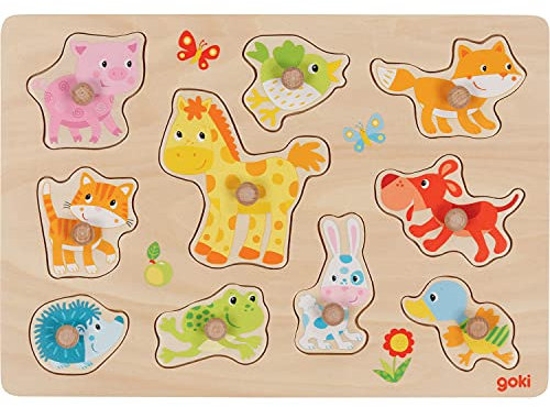 goki 57393 - Steckpuzzle Tierkinder aus Holz - 10 Teile