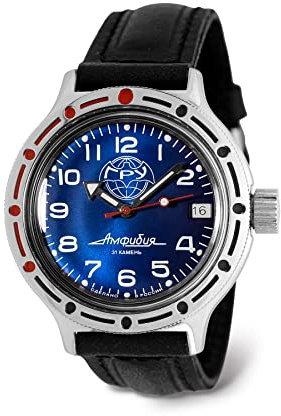 VOSTOK GRU Amphibian Automatik-Armbanduhr mit Selbstaufzug, russische Taucher-Armbanduhr, WR 200 m, Amphibia 420866, blaues Zifferblatt, 40 mm, mechanische Uhr, leuchtende Punkte, Schwarz Leder,