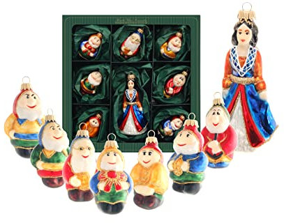 Krebs Glas Lauscha - Weihnachtsdekoration/Christbaumschmuck aus Glas - Märchenset Schneewittchen und die 7 Zwerge - 8 Stück - Größe: 7-11cm - Multicolor + GRATIS 3er Set Sticker