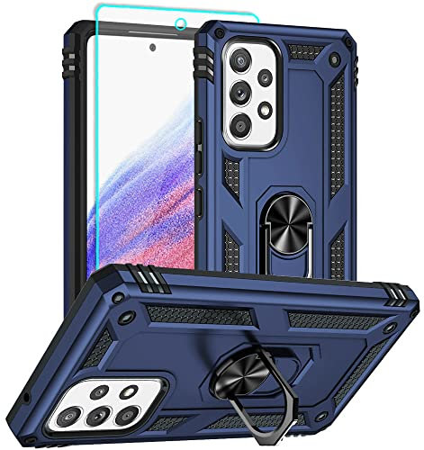Aozuoton Samsung A53 5G Hülle, Samsung Galaxy A53 5G Metallring Handyhülle & Schutzfolie, Hybrid Case Ständer Stoßstange Handy Hüllen Cover für Samsung Galaxy A53 5G,Blau