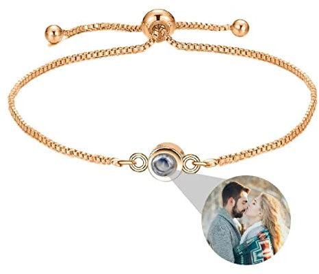 Personalisierte Foto Armband Rund Projektion Armband mit Erinnerung Bild im Stein Ich Liebe Dich Armband 100 Sprachen für Damen Freunde Mutter Weihnachten Denkmal Geschenk Silber Rose Gold Schwarz