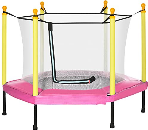 ZONEKIZ Cama Elástica para Niños con Red de Seguridad Trampolín Infantil para Niños de 3-6 Años para Interior Carga 50 kg 122x122x97 cm Rosa