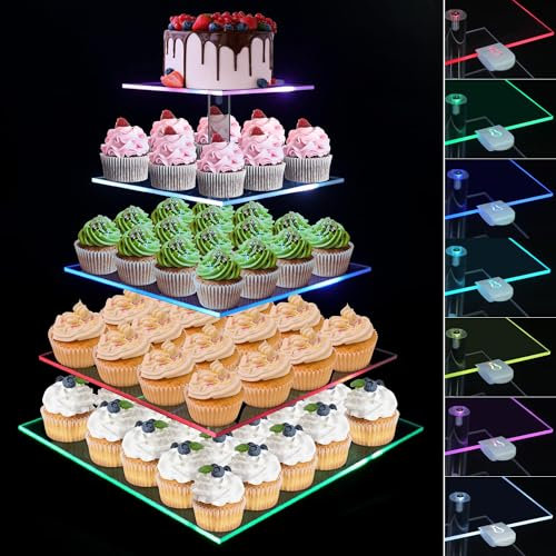 5 Etagen Cupcake Ständer, Ulifeme Wiederaufladbarer LED-Licht Quadrat Transparenter Dessert Tortenständer für Weihnachten, Hochzeiten, Jubiläen, Baby Duschen Nachmittagstee und Geburtstagsfeiern