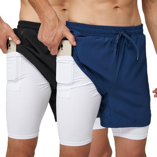 frueo 2 Pack 2 in 1 Mens Running Shorts Quick Dry Gym Lightweight Sport Athletic Training Shorts with Zipper Pocket (0609) BlackNavy-M