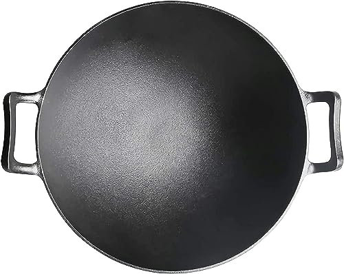 Wok en Fonte, Grand Wok avec Un Fond Rond Et Deux Oreilles, 36 Cm, sans Revêtement, Wok en Fonte, Épaissie