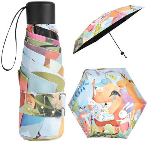 Vicloon Taschenschirm Ultraleicht, Mini Umbrella mit 6 Edelstahl Rippen, Kompakt, Faltender UV-Regenschirm für Erwachsene und Kinder, Leicht Kompakt, Stetig, Waldtiere Muster, 220g