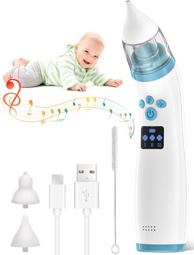 Nasensauger Baby, Nasensauger Baby Elektrisch, Nasensauger Staubsauger Baby mit 3 Saugstärken, 2 Größen Tip und Musik Beruhigender Funktion, für Neugeborene und Kleinkinder,Blau