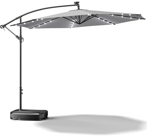 XEMQENER Garden Parasol with Solar Powered Lights, 3M Cantilever Parasol with 60L Base Included, Large Outdoor Banana Parasol for Party, Camping, Patio, Poolside, UPF 50+, 300x300x260 cm, Light Grey