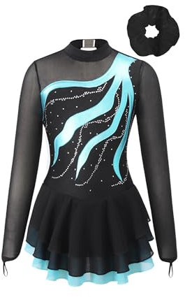 TiaoBug Mädchen Langarm Eiskunstlauf Kleid Kürkleid Strass Stein Tanzkleid mit Haargummi Gymnastik Turn Anzug mit Röckchen Tanzbekleidung Türkis Haargummi 158-164