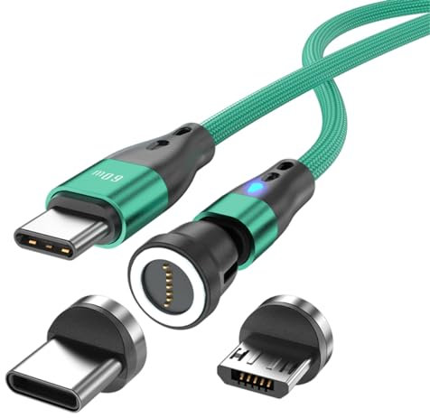 Magnetisches Ladekabel USB C auf USB Type C/Micro USB Magnetkabel PD 60W Schnellladung 1M/2M 540° Drehung 2-in-1 Magnet USB kabel für Android Micro USB Type C Smartphone Tablette Laptop(1m grün)