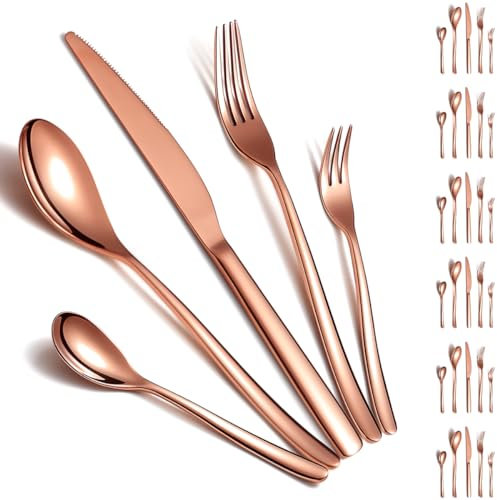 Tafelsilber Set 30 Teile für 6 Personen, ReaNea Rose Gold Besteck Set, Titanium Plating Besteck Set Include Tafelmesser, Tafellöffel, Tafelgabeln, Teelöffel, Salatgabeln, Spülmaschinenfest