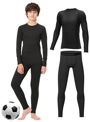 Rolimaka Jungen Kinder Thermal Underwear Set Fleecegefütterte Baselayer (Oberteil & Hose) Thermalset für Ski und Fussball Black M