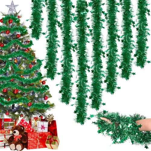 Lametta Weihnachtsbaum, 8PCS×2M Weihnachtsgirlande Lametta Girlande Weihnachten Outdoor Christmas Garland 16M Weihnachtsgirlanden Mit Sternen Verziert Weihnachtsdeko Girlande Christbaum Deko Grün