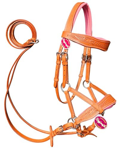 kayfcrafts Brida de cuero marrón vegetal sin puntas para caballo con acolchado de piel de vaca y riendas de cuero (rosa, completo)