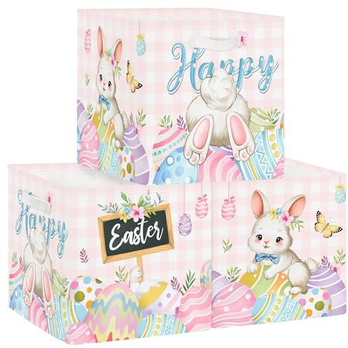 Clastyle Juego de 3 Cubos de Almacenamiento Semana Santa Caja Organizadoras de Almacenaje Juguetes Libro para Infantil Cubo de Almacenaje Armario para Ropa Niño Niña, Rosa, 30x30x30 cm