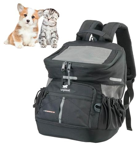 Ferplast Hunderucksack Voyager Backpack, Katzenrucksack, Hundetasche, Hundebox, Weite Öffnung, verstellbare Gurte, Sicherheitsgurt, mit Kissen, max. 10 kg, 29 x 21 x 36 H, Schwarz