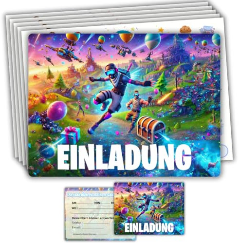 roxisha – Set mit 10 Einladungskarten Geburtstag Fortnite + Umschläge – für Jungen und Teenager – Postkartenformat 10,4 x 14,8 cm – Vorgefertigt auf Französisch – Ideal Geburtstagsparty und Feier
