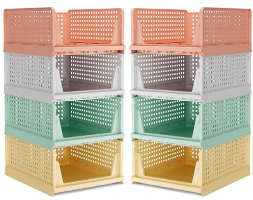 BTGGG 8 Pack Mix-Color Wardrobe Storage Organiser, Stackable Storage Drawers for Wardrobe, Plastic Clothing Closet Organiser Foldable Boxes Baskets Shelves for Cabinet Pantry Laundry Organisation