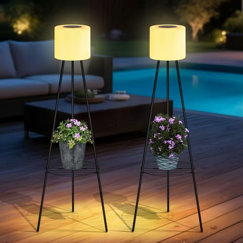 FUYO Solarlampen für Außen, 2 Stück Solar Stehlampe Außen mit Pflanzenständern, Dimmbar Warmweiß Solarleuchten IP65 Wasserdicht LED Solar Lampe für Terrasse Veranda Garage Hof Straßen