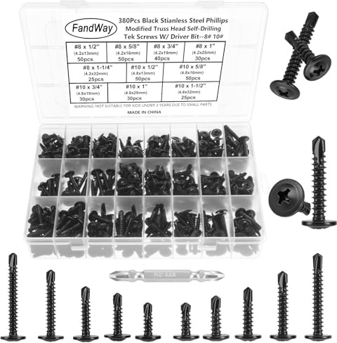 FandWay M4,2 M4,8 Selbstbohrende Schrauben Schwarz,380 Stück Blechschrauben Selbstschneidende Bohrschrauben Edelstahl 410 Metallschrauben Holzschrauben Kreuzschrauben für Stahl,Blech,Alu.