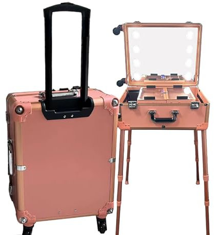 IYUESQ Valise de Maquillage à roulettes, avec roulettes et Supports, Station de Maquillage avec Miroir et 8 lumières LED pour Voyager (Or Rose)
