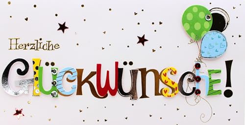 Große Glückwunschkarte DIN Lang – Klappkarte mit Glanzveredelung, Pailletten & Applikationen – 22 x 11,5 cm mit Umschlag – Karte für Geburtstag, Jubiläum, Feier, Frauen & Männer