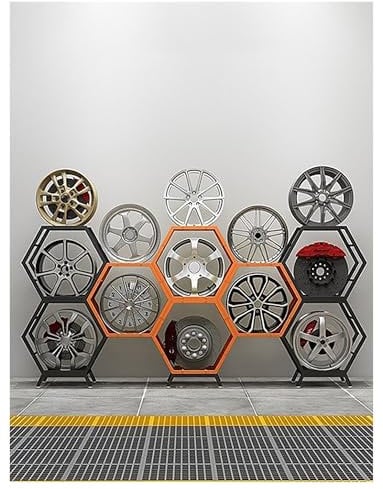 Generisch Ausstellungsständer for sechseckige Felgen, Reifenständer aus Stahl for Autohäuser und Autoausstellungsräume, Halter for mehrere Alufelgen (sechseckiges Design)(8 Frames 3 Bottoms)
