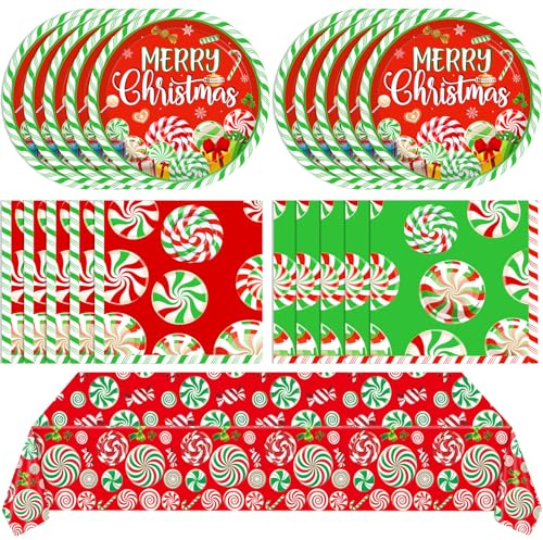 SNIMICS 41 Pcs Peppermint Party Tableware Set Include Christmas Candy Cane Paper Plates Napkins and Plastic Tablecloth Red Green Christmas Candy Winter Party Decor for Holiday Xmas