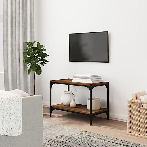 HETFTJN TV-Schrank Lowboard 60x33x41 cm Braun Eichen-Optik aus Holzwerkstoff und Stahl, Robuster Fernsehtisch mit 2 Ablagen, Industrial Wohnzimmertisch für TV Sideboard im Wohnzimmer