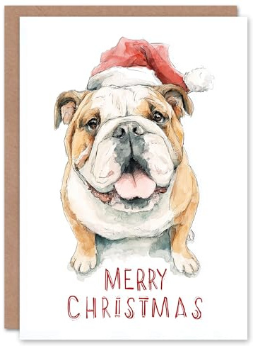 Artery8 Christmas Card Happy English Bulldog in Santa Hat Watercolour