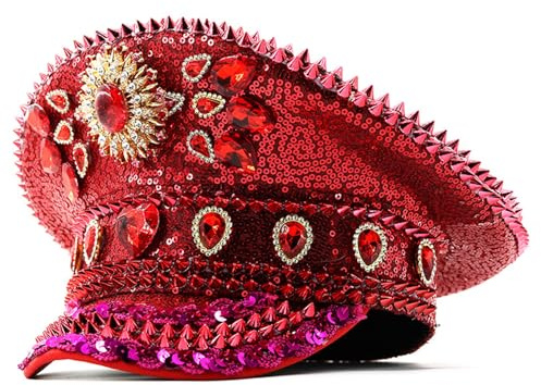 PURPLELILY Braut-Kapitänshut mit Strasssteinen für Frauen, Brauthut, funkelnde Pailletten, auffällig, Foto-Requisiten, Musikfestival, Mode-Accessoire