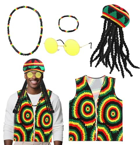 Gkhlg 5 Stück Herren Kostüm Rasta Hut mit Dreadlock Perücke Karibik Reggae Zubehör für Männer Bob Marley Kostüm für Halloween Motto-Partys Karneval