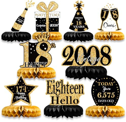 18.Geburtstag Tischdeko Schwarz Gold | 9 Stück Bienenwaben Deko Tischaufsätze Set,18 Geburtstag Deko für Männer und Frauen,Tischdekoration für 18. jährige