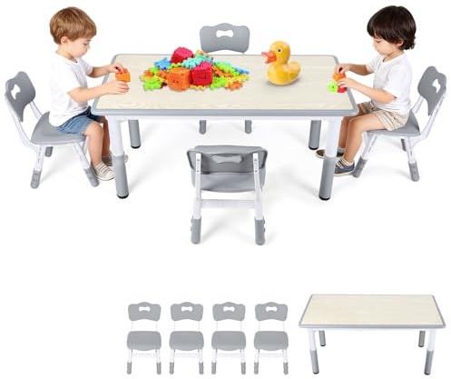 ISOISL Kindertisch mit 4 Stühlen Set, XXL Kindersitzgruppe 120x60 cm, 7-stufig höhenverstellbarer Maltisch & Aktivitätstisch für Kindergarten & Kinderzimmer