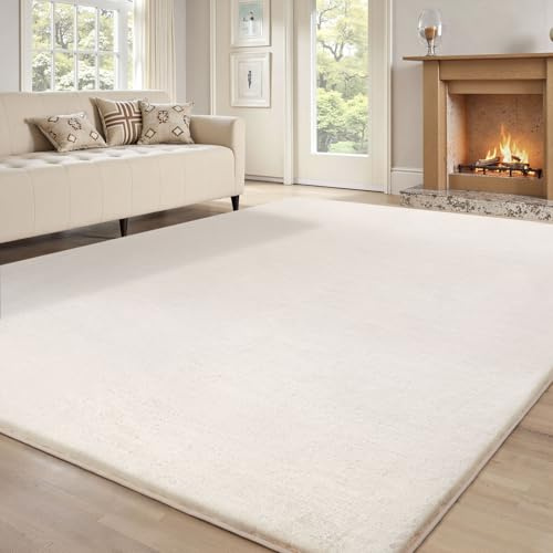 Treeboy Weicher Kunstfell Teppich Elfenbein 200x300cm Flauschiges Kurzflor | Kaninchenfell-Imitat Teppich Rutschfester Luxus Carpet für Wohnzimmer Glatt Schlafzimmer Moderne Raumdekoration Anti-Rutsch