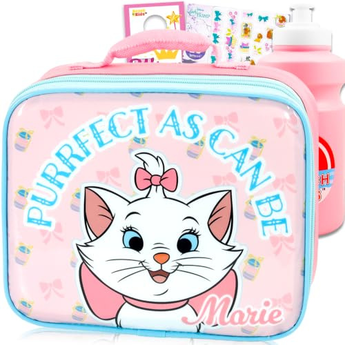 Disney Aristocats Lunchbox for Girls Bundle w/Insulated Lunch Bag + More | Soft Marie Lunch Box Plus Water Bottle, Tattoos, More - Aristocats School Supplies