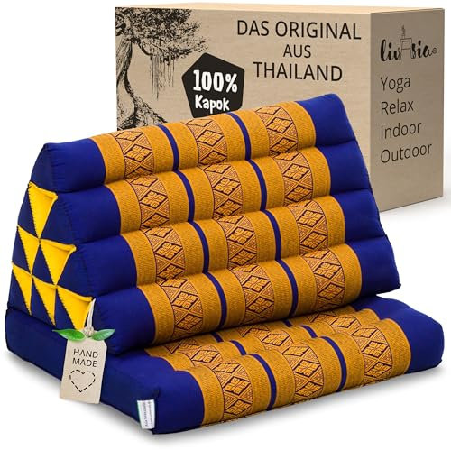 livasia Thaikissen mit 1 Auflage - 75x50x8cm - Dreieckskissen mit Sitzkissen, Keilkissen mit Kapok, Rückenkissen faltbar, Thaimatte zum Klappen, handgefertigt, Meditationskissen (Blau/Gelb)