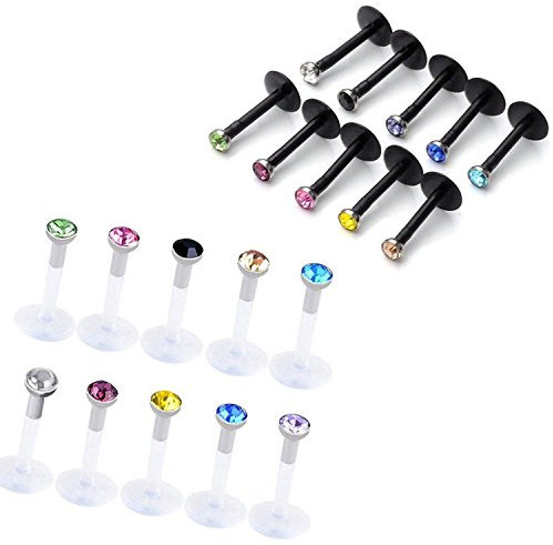 PiercingJ 20PCS Mixte Piercing Labret Lèvre Bouche Acrylique Cristal Strass Lip Lot Piercing Tragus Couleurs Mélangé