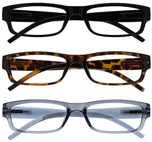 OPULIZE ACE Lesebrille für Damen und Herren - 3er-Pack - Schmaler Rechteckiger Rahmen - Komfort Federscharniere - Kratzfest - Schwarz Braun Schildpatt Grau +2.00