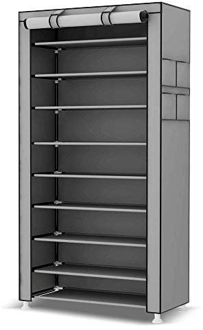 BAKAJI BAKAJI Platzsparender Schuhschrank mit 10 Ablagen, 60 x 30 x 160 cm, für bis zu 27 Paar Schuhe, Gestell aus Stahl und Bezug aus TNT-Stoff, wasserdicht mit Reißverschluss, staubdicht (grau)