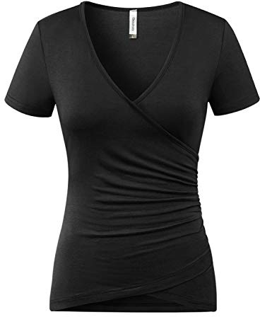 Beauhuty Womens Tops Deep V Neck Slim Fitted T-Shirt Front Surplice Wrap Ruched Short Sleeve Tees (M, Short-Black)