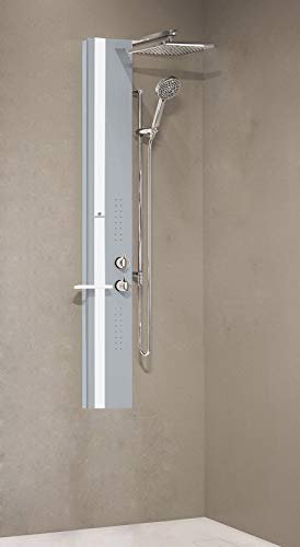 Colonna Doccia Novellini Line 2 Idromassaggio Idro Attrezzata Miscelatore Termostatico Colore Silver Fascia Mensola Bianco Opaco Soffione Ripiano Porta Oggetti Doccetta Misura 22x57,5xH150 cm